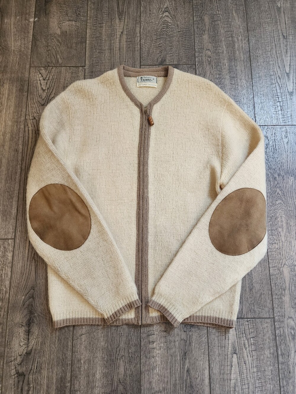 VTG Thane Men Cardigan Sweater Sz M Wool Mohair Knit Full-Zip Cream Fuzzy Shaggy